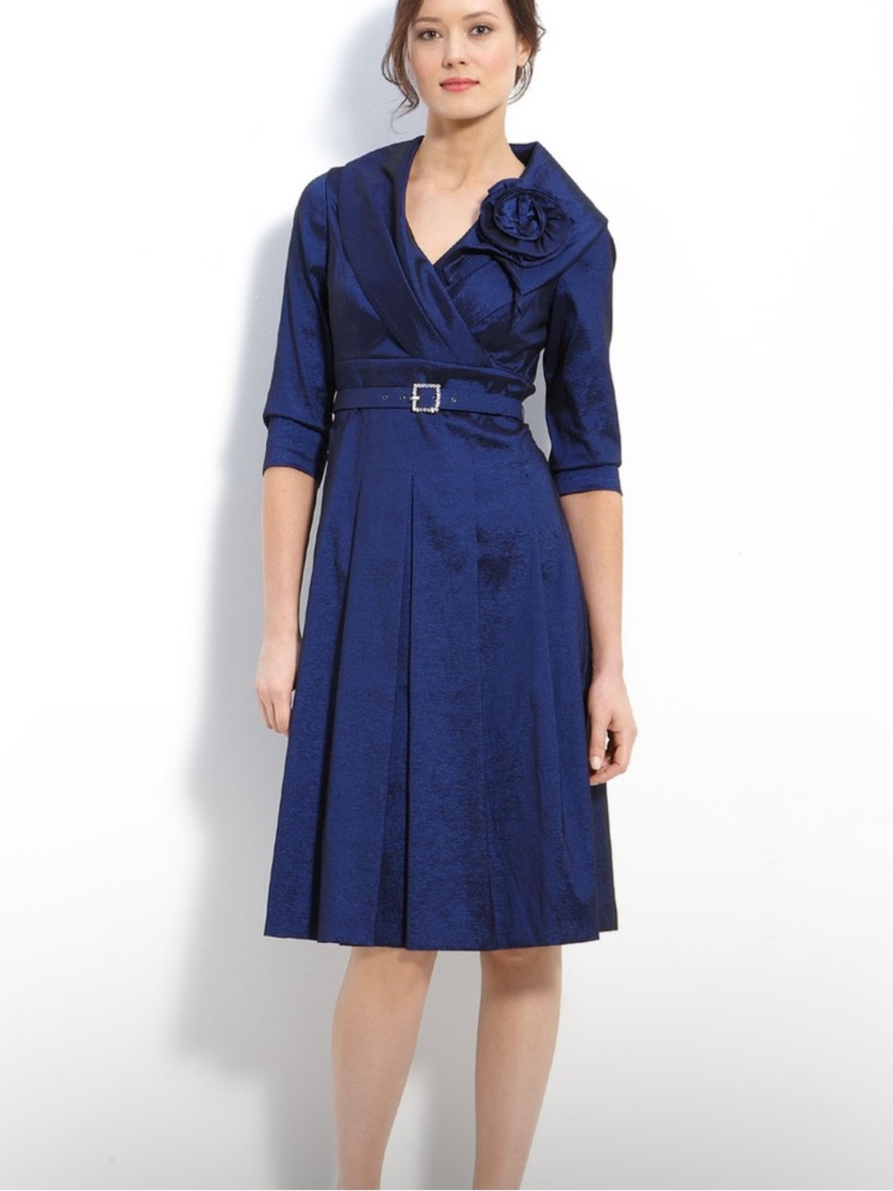 Eliza J. Portrait collar belted taffeta dress 12p
